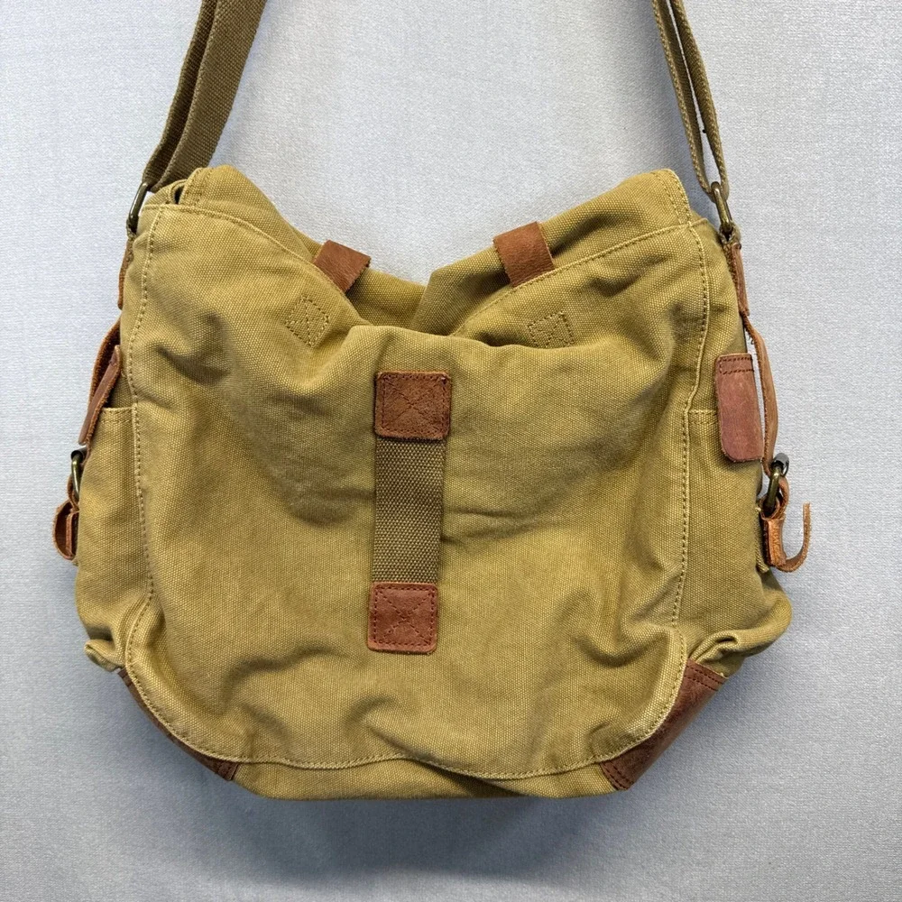 S.C. Cotton Military Messenger Bag Khaki Canvas Leather Trim Crossbody Satchel